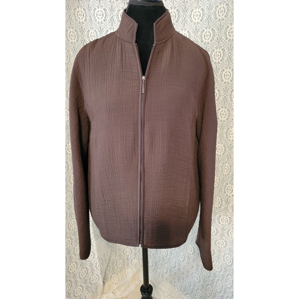 Eileen Fisher Chocolate Brown Silk Rayon Crinkle Textured Full Zip Jacket Size M